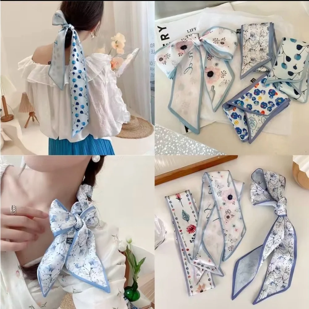Romantic Floral Twilly Silk Scarf Set French Girl Coquette Ribbon Botanical